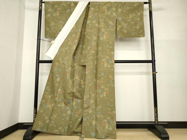 平和屋着物▽天山紬 単衣 草花文 反端付き 正絹 逸品 AABG7656ck