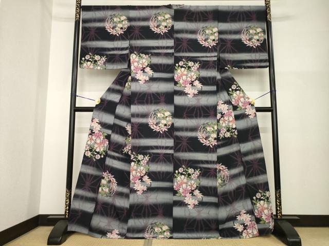 平和屋着物▽小紋 単衣 麻の葉花丸文 洗える着物 AABG7663ck