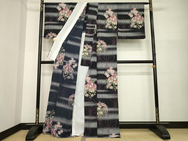 平和屋着物▽小紋 単衣 麻の葉花丸文 洗える着物 AABG7663ck