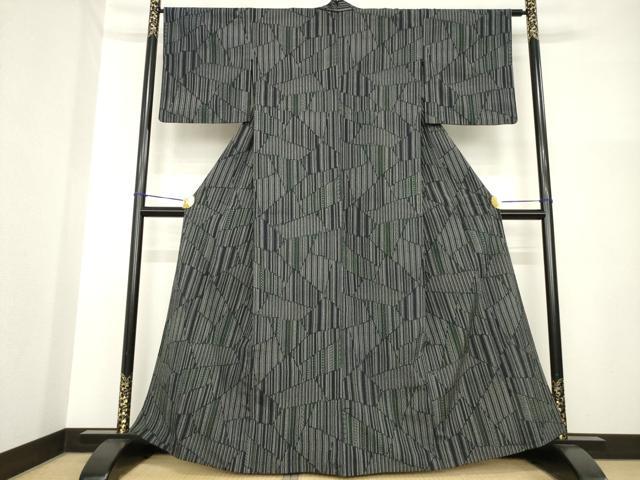 平和屋着物▽本塩沢 単衣 割付き縞文 正絹 逸品 AABG7666ck