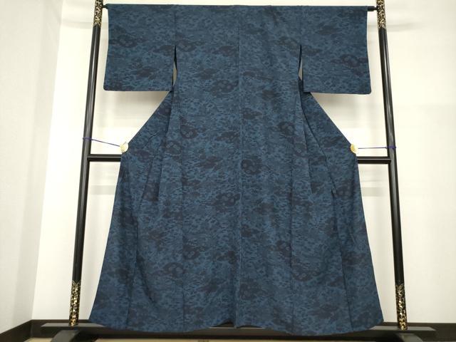 平和屋着物▽上質な小紋 単衣 型染め 藍 流水花文 正絹 逸品 AABG7672ck