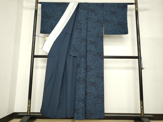 平和屋着物▽上質な小紋 単衣 型染め 藍 流水花文 正絹 逸品 AABG7672ck