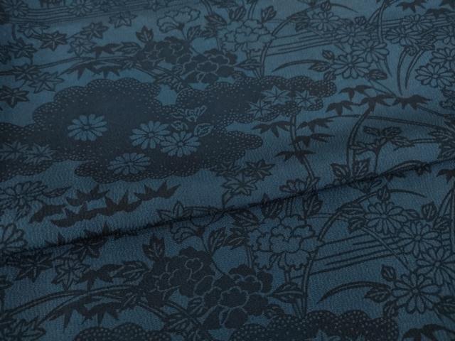 平和屋着物▽上質な小紋 単衣 型染め 藍 流水花文 正絹 逸品 AABG7672ck