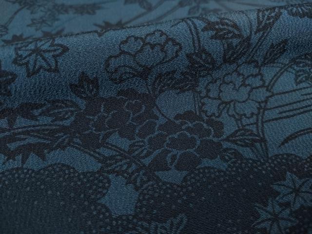平和屋着物▽上質な小紋 単衣 型染め 藍 流水花文 正絹 逸品 AABG7672ck