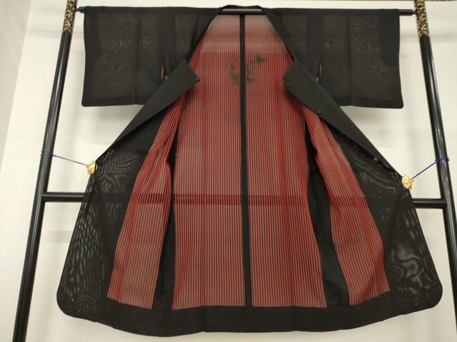 平和屋着物▽道行コート スリーシーズン 春夏秋 塵除け 縞 黒地 ロング丈 正絹 逸品 AABG7674ck
