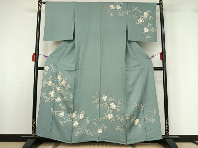 平和屋着物▽訪問着 単衣 駒刺繍 草花文 正絹 逸品 AABG7683jh
