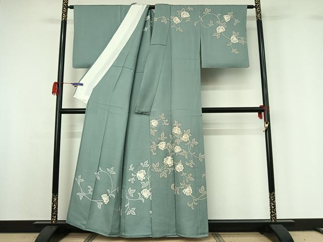 平和屋着物▽訪問着 単衣 駒刺繍 草花文 正絹 逸品 AABG7683jh