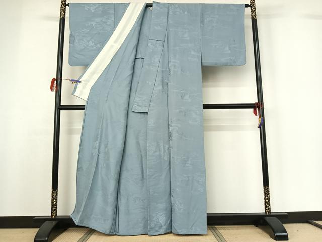 平和屋着物▽上質な色無地 単衣 風景地紋 浅縹色 正絹 逸品 AABG7693jh