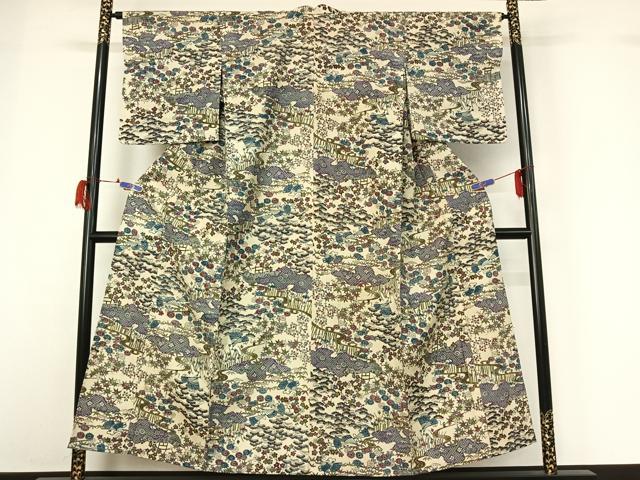 平和屋着物▽上質な小紋 単衣 紬地 型染め 風景松竹梅文 正絹 逸品 AABG7702jh