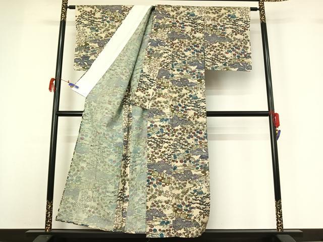 平和屋着物▽上質な小紋 単衣 紬地 型染め 風景松竹梅文 正絹 逸品 AABG7702jh