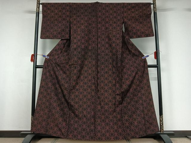 平和屋着物▽上質な紬 単衣 麻の葉文様 黒地 正絹 逸品 AABG7716jh