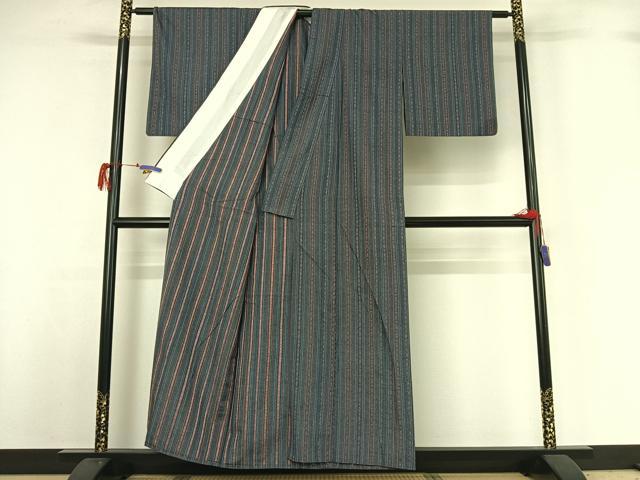 平和屋着物▽上質な紬 単衣 縞 正絹 逸品 AABG7722jh