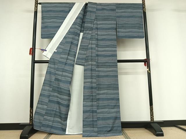 平和屋着物▽上質な紬 単衣 横段文 正絹 逸品 AABG7740jh
