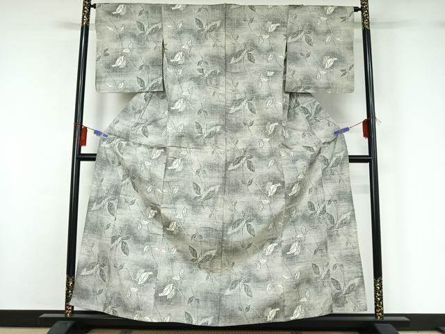 平和屋着物▽上質な紬 単衣 枝葉文 正絹 逸品 AABG7758jh