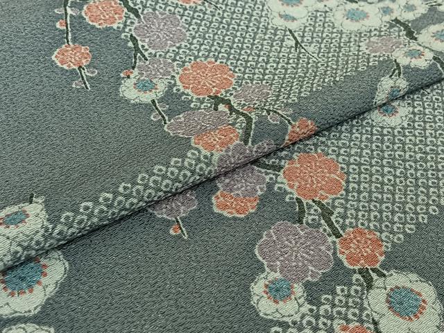 平和屋着物▽上質な小紋 単衣 枝梅文 鬼しぼ縮緬 正絹 逸品 AABG7770jh