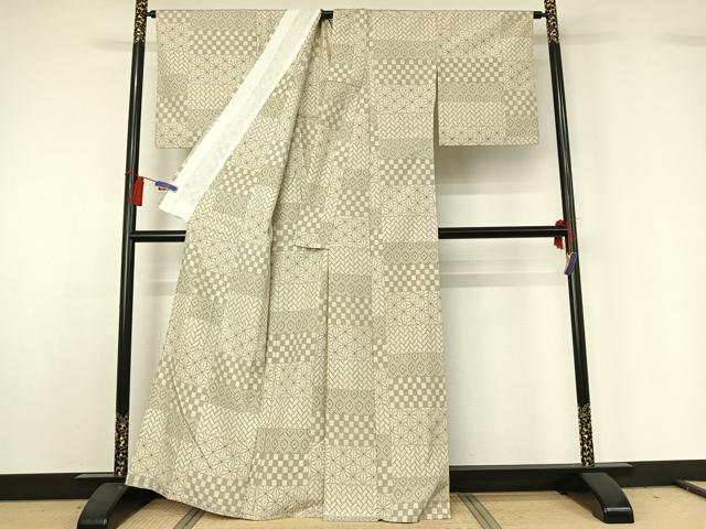 平和屋着物▽上質な紬 単衣 横段吉祥文 正絹 逸品 AABG7774jh