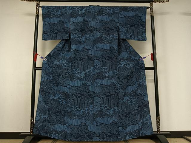 平和屋着物▽阿波藍染 阿波友禅 徳島県無形文化財保持者 香川卓美 小紋 単衣 型染め 風景花文 正絹 逸品 AABG7781jh