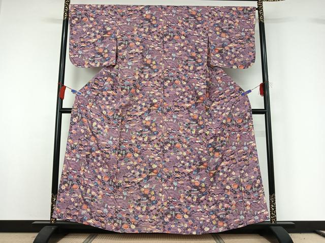 平和屋着物▽上質な小紋 単衣 型染め 風景花文 正絹 逸品 AABG7790jh
