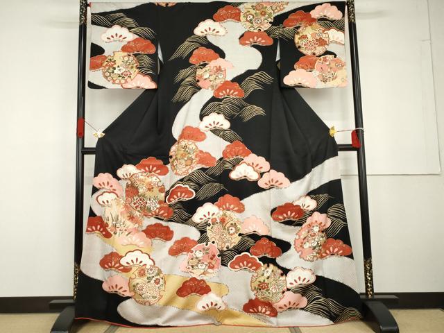 平和屋着物●訪問着 雪輪花松文 黒地 金彩 正絹 逸品 AABG7801cs