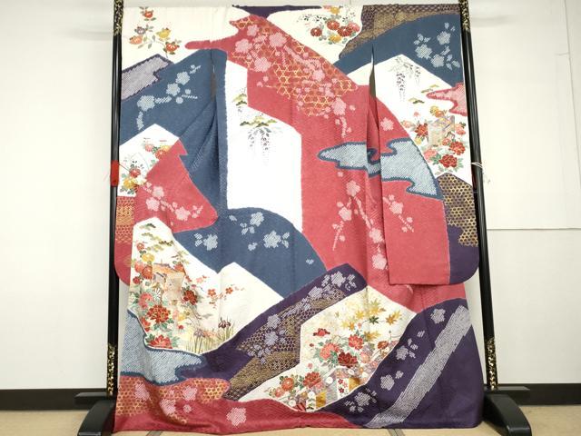平和屋着物●豪華振袖 駒刺繍 絞り 御所車草花文 金糸 金彩 ロング丈 正絹 逸品 AABG7831cs
