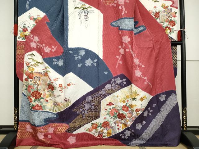 平和屋着物●豪華振袖 駒刺繍 絞り 御所車草花文 金糸 金彩 ロング丈 正絹 逸品 AABG7831cs