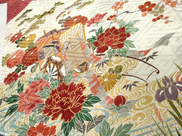 平和屋着物●豪華振袖 駒刺繍 絞り 御所車草花文 金糸 金彩 ロング丈 正絹 逸品 AABG7831cs
