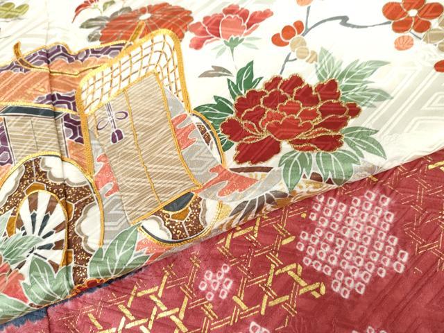 平和屋着物●豪華振袖 駒刺繍 絞り 御所車草花文 金糸 金彩 ロング丈 正絹 逸品 AABG7831cs