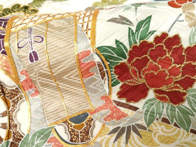 平和屋着物●豪華振袖 駒刺繍 絞り 御所車草花文 金糸 金彩 ロング丈 正絹 逸品 AABG7831cs