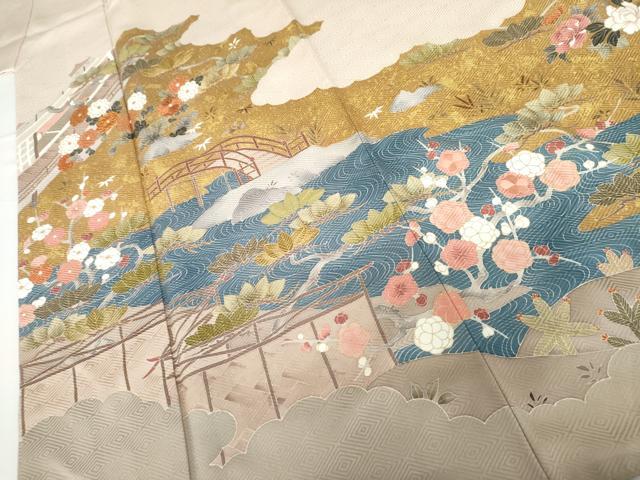 平和屋着物●豪華色留袖 友禅 駒刺繍 渡り橋松竹梅風景文 金彩 正絹 逸品 AABG7841cs