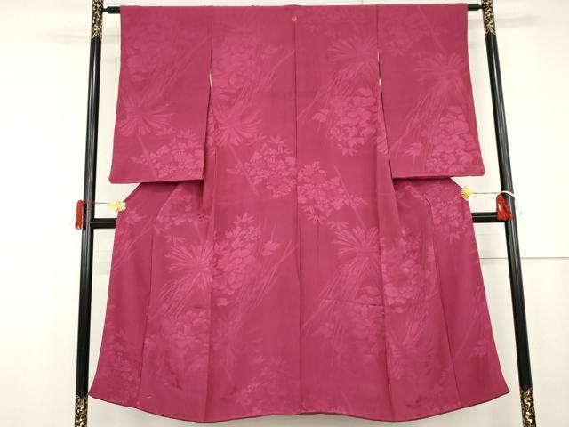 平和屋着物●アンティーク 大正ロマン 色無地 草花地紋 中紅色 正絹 逸品 AABG7848cs