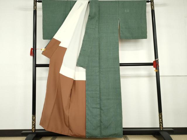 平和屋着物●本場結城紬 重要無形文化財 縞 証紙付き 正絹 逸品 未使用 AABG7853cs
