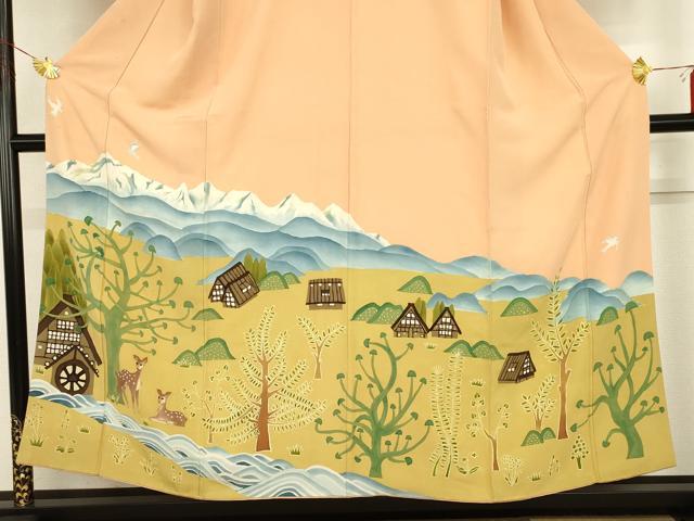 平和屋着物●訪問着 手描き 樹林風景飛鳥文 鹿 正絹 逸品 AABG7872cs