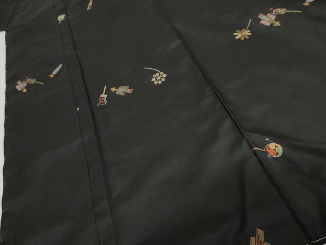 平和屋着物●総刺繍 紬 玩具文 黒地 金糸 正絹 逸品 未使用 AABG7874cs