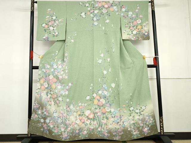 平和屋着物●訪問着 枝花文 暈し染め 金銀糸 正絹 逸品 AABG7911cs