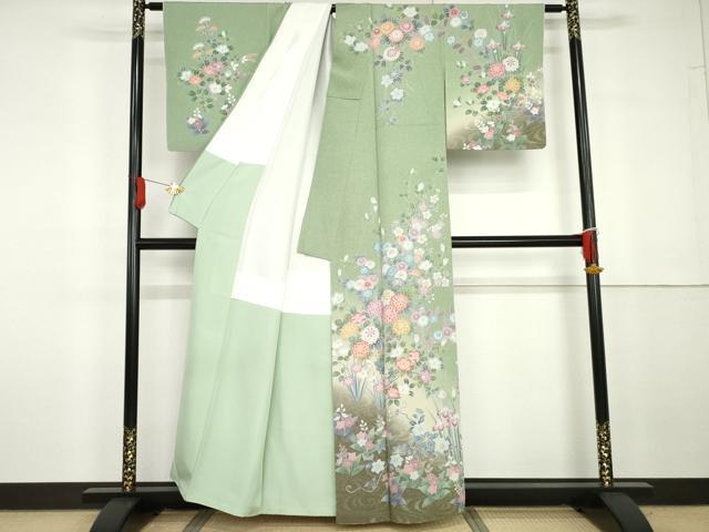 平和屋着物●訪問着 枝花文 暈し染め 金銀糸 正絹 逸品 AABG7911cs