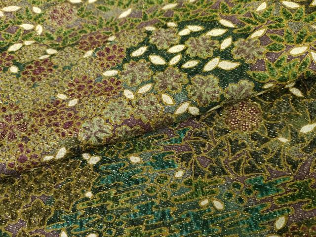 平和屋着物●中国三大刺繍 相良刺繍 小紋 吉祥草花文 金通し地 正絹 逸品 AABG7919cs