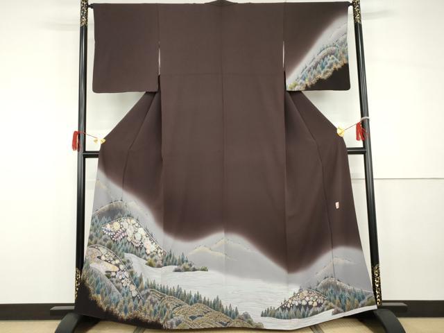 平和屋着物●越後十日町の一流染匠 桐屋・翠山工房 訪問着 絞り 辻が花 遠山樹林風景文 暈し染め 金彩 正絹 逸品 AABG7999cs