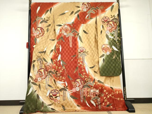 平和屋着物●豪華振袖 駒刺繍 雪輪花蝶丸文 暈し染め 金彩 三越扱い 正絹 逸品 AABG8003cs