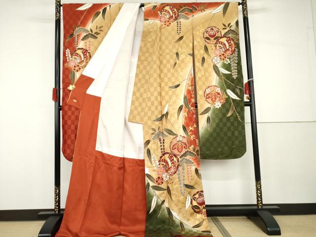 平和屋着物●豪華振袖 駒刺繍 雪輪花蝶丸文 暈し染め 金彩 三越扱い 正絹 逸品 AABG8003cs