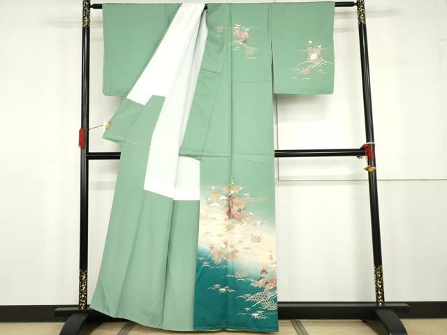 平和屋着物●訪問着 友禅 刺繍 流水松竹梅花文 暈し染め 金糸 金彩 正絹 逸品 未使用 AABG8031cs