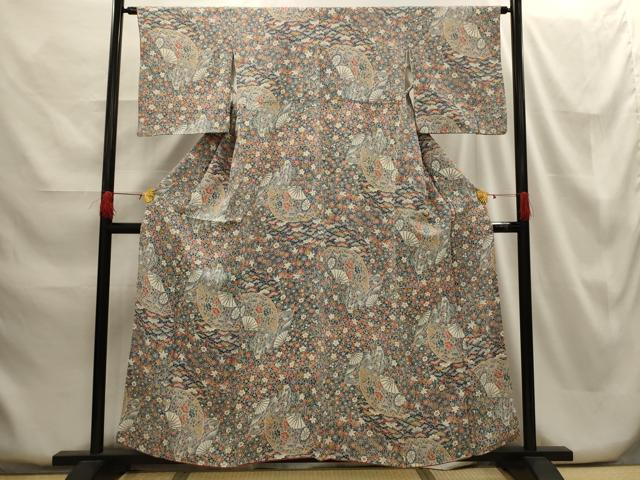 平和屋着物■上質な小紋 扇面風景花文 鬼しぼ縮緬 正絹 逸品 AABG8224sx