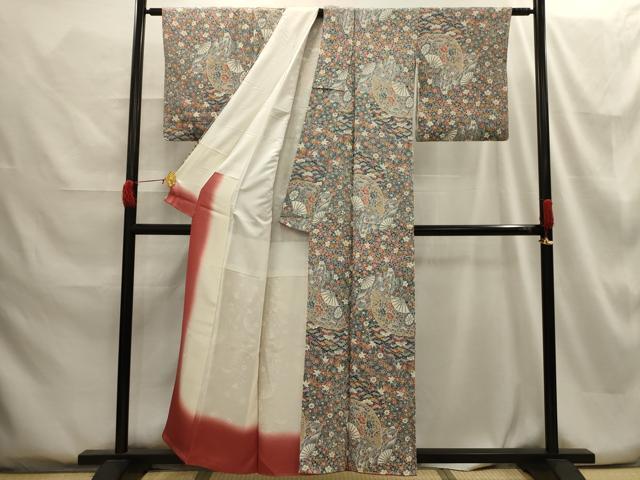 平和屋着物■上質な小紋 扇面風景花文 鬼しぼ縮緬 正絹 逸品 AABG8224sx