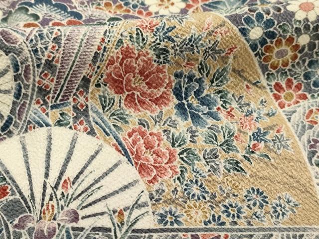 平和屋着物■上質な小紋 扇面風景花文 鬼しぼ縮緬 正絹 逸品 AABG8224sx