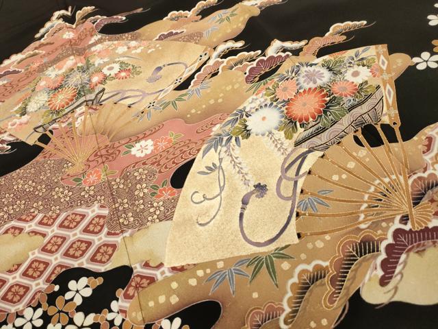 平和屋着物■豪華黒留袖 駒刺繍 松竹梅扇面飾花文 金彩 正絹 逸品 AABG8348sx