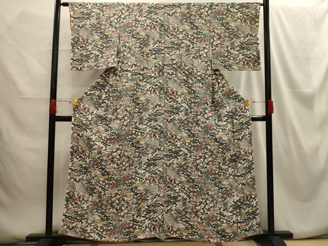 平和屋着物●上質なお召　松竹梅　正絹　逸品　DABB9773du 平和屋着物○豪華振袖 型染め 風景松竹梅文 鬼しぼ縮緬 正絹 逸品