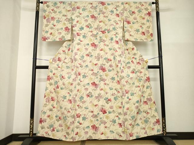 平和屋着物▽上質な小紋 単衣 お召地 草花文 正絹 逸品 AABG8421ck