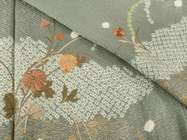 平和屋着物▽訪問着 単衣 絞り 刺繍 雲重ね花文 正絹 逸品 AABG8427ck