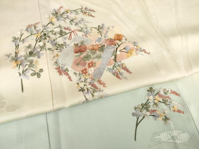 平和屋着物▽訪問着 単衣 総刺繍 色紙花文 暈し染め 正絹 逸品 AABG8430ck
