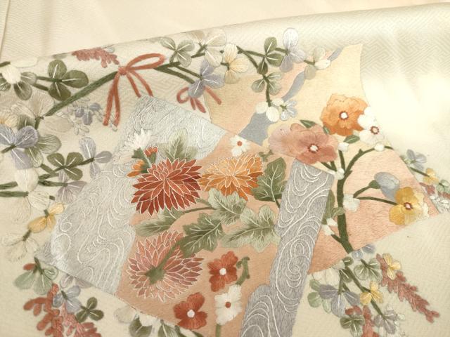 平和屋着物▽訪問着 単衣 総刺繍 色紙花文 暈し染め 正絹 逸品 AABG8430ck
