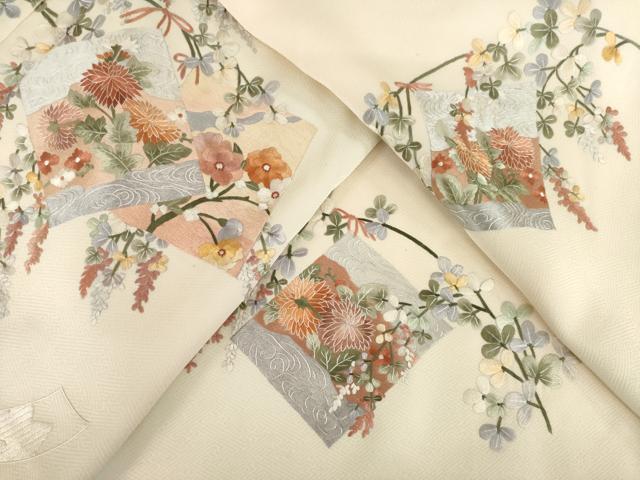 平和屋着物▽訪問着 単衣 総刺繍 色紙花文 暈し染め 正絹 逸品 AABG8430ck